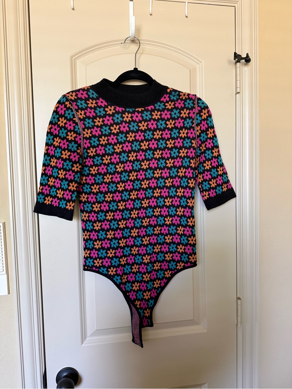 Free People Black Floral Knit Short-Sleeve Bodysuit